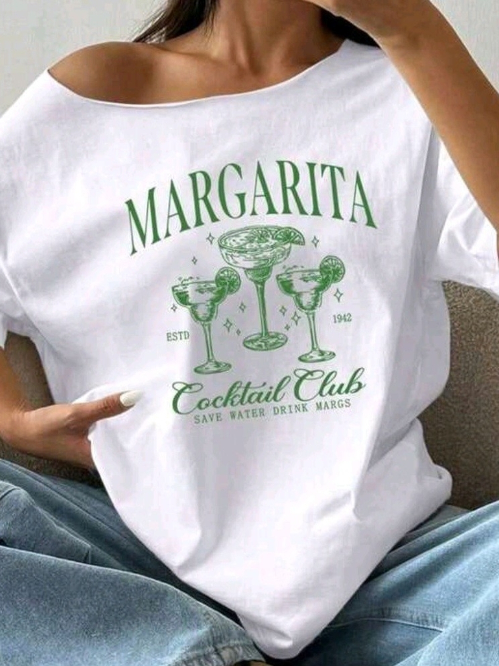 SHEIN White Short Sleeve Margarita Cocktail Club Tee with Green Print